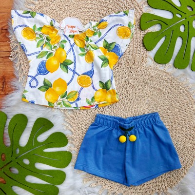 Conj. Batinha Limões e Short com Pompom - Off White e Amarelo